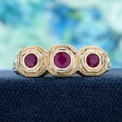 Art Deco Three Stone Ruby Octagonal Bezel Three Stone Ring in 14K Gold