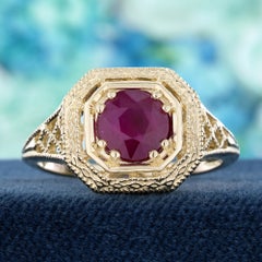 Round Ruby Art Deco Style Filigree Engagement Ring in 9K Gold