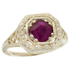 Round Ruby Art Deco Style Filigree Engagement Ring in 9K Gold