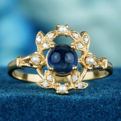 Sapphire Cabochon Pearl Diamond Engagement Ring in 14K Yellow Gold
