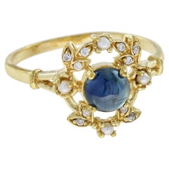 Sapphire Cabochon Pearl Diamond Engagement Ring in 14K Yellow Gold
