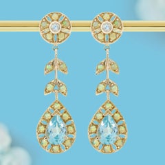 Blue Topaz Opal Leaf Cluster Drop Earrings in 9K Yellow Gold