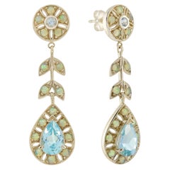 Blue Topaz Opal Leaf Cluster Drop Earrings in 9K Yellow Gold