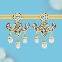 Blue Topaz and Pearl Border Drop Earrings in 9K Yellow Gold