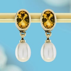Citrine Pearl Drop Earrings in 9K Yellow Gold