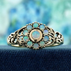Opal Floral Cluster Filigree Ring in 9K Yellow Gold