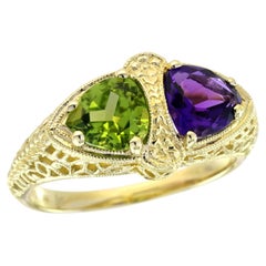 Amethyst and Peridot Filigree Two Stone filigree Ring in 9K Yellow Gold