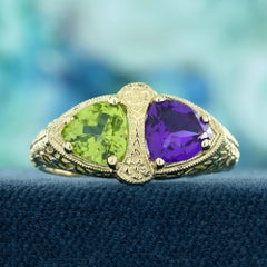Amethyst and Peridot Filigree Two Stone filigree Ring in 9K Yellow Gold