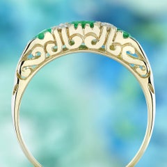Emerald and Diamond Openwork Three Stone Ring in Solid 9K Gold