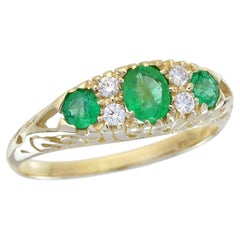 Emerald and Diamond Openwork Three Stone Ring in Solid 9K Gold