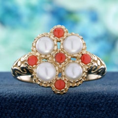 Pearl and Coral Flower Cluster Ring in 14K Yellow Gold