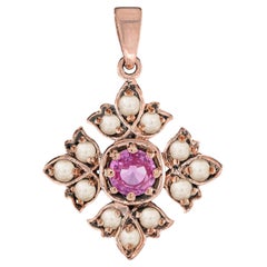 Pink Sapphire and Pearl Flower Cluster Pendant in 14K Rose Gold