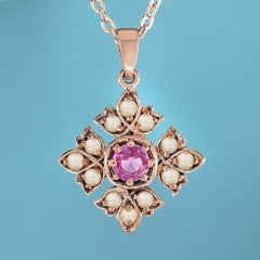 Pink Sapphire and Pearl Flower Cluster Pendant in 14K Rose Gold