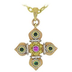 Emerald and Pink Sapphire  Gold Cross Necklace