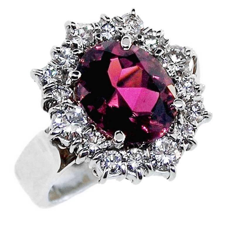 Rubellite and Diamond  Platinum Ring