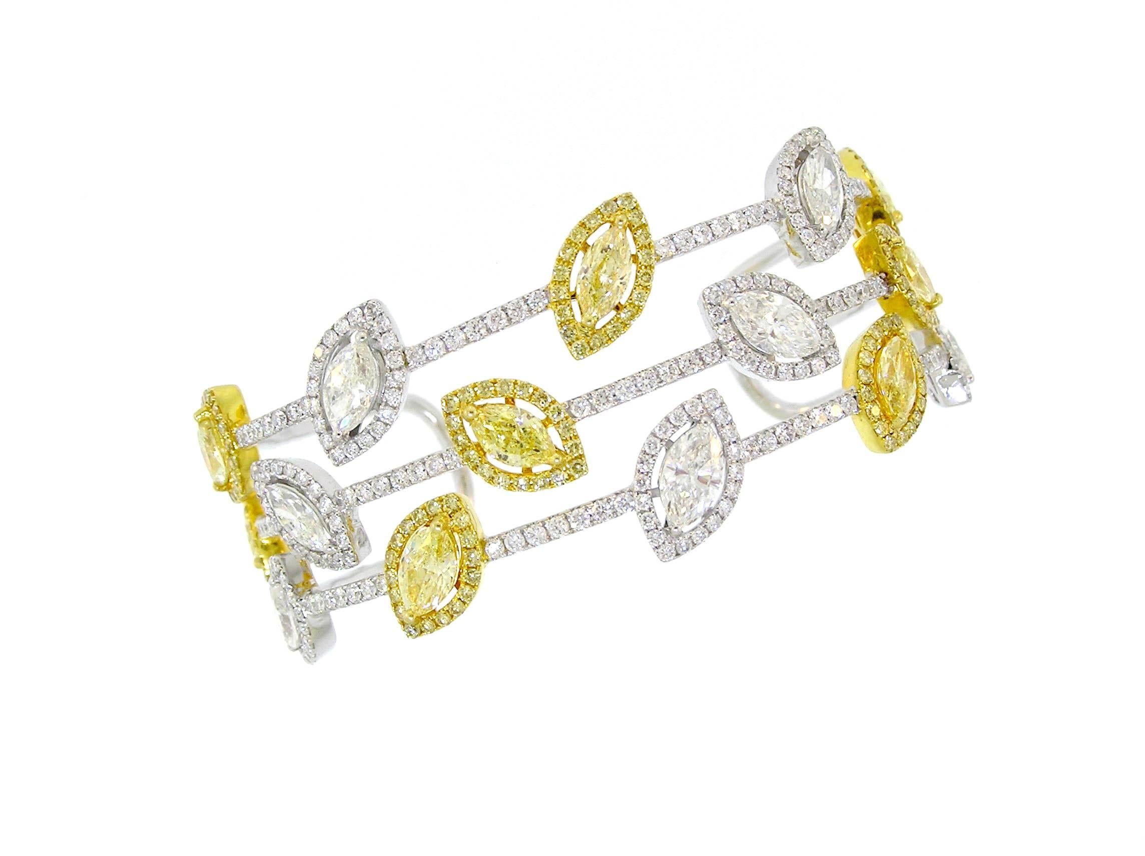 Contemporary Canary and White Diamond Gold Cuff Bracelet For Sale