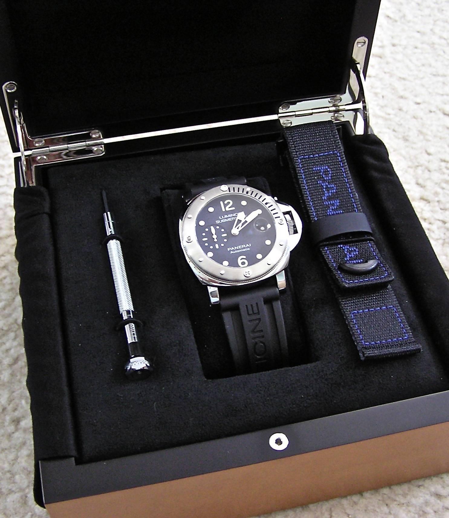 This great watch is Stainless Steel, 44mm.  Rare unique Blue Dial (most Panerai watches have a Black Dial). Rubber strap and canvas velcro strap.  Automatic movement. Limited Edition of 100 watches for the entire world!  They sold out within 1 hour!