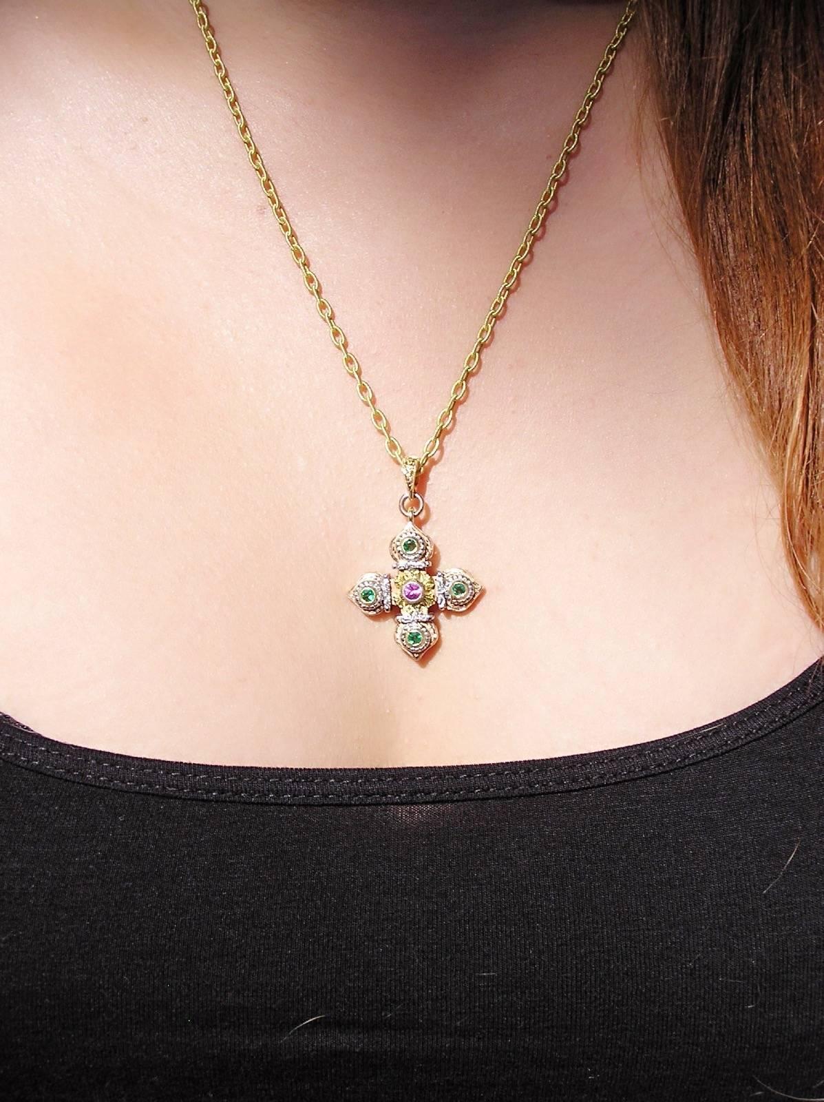 Byzantine Emerald and Pink Sapphire  Gold Cross Necklace