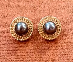 Elizabeth Locke Jewels Dark Grey Pearl and Granulated Gold Earrings