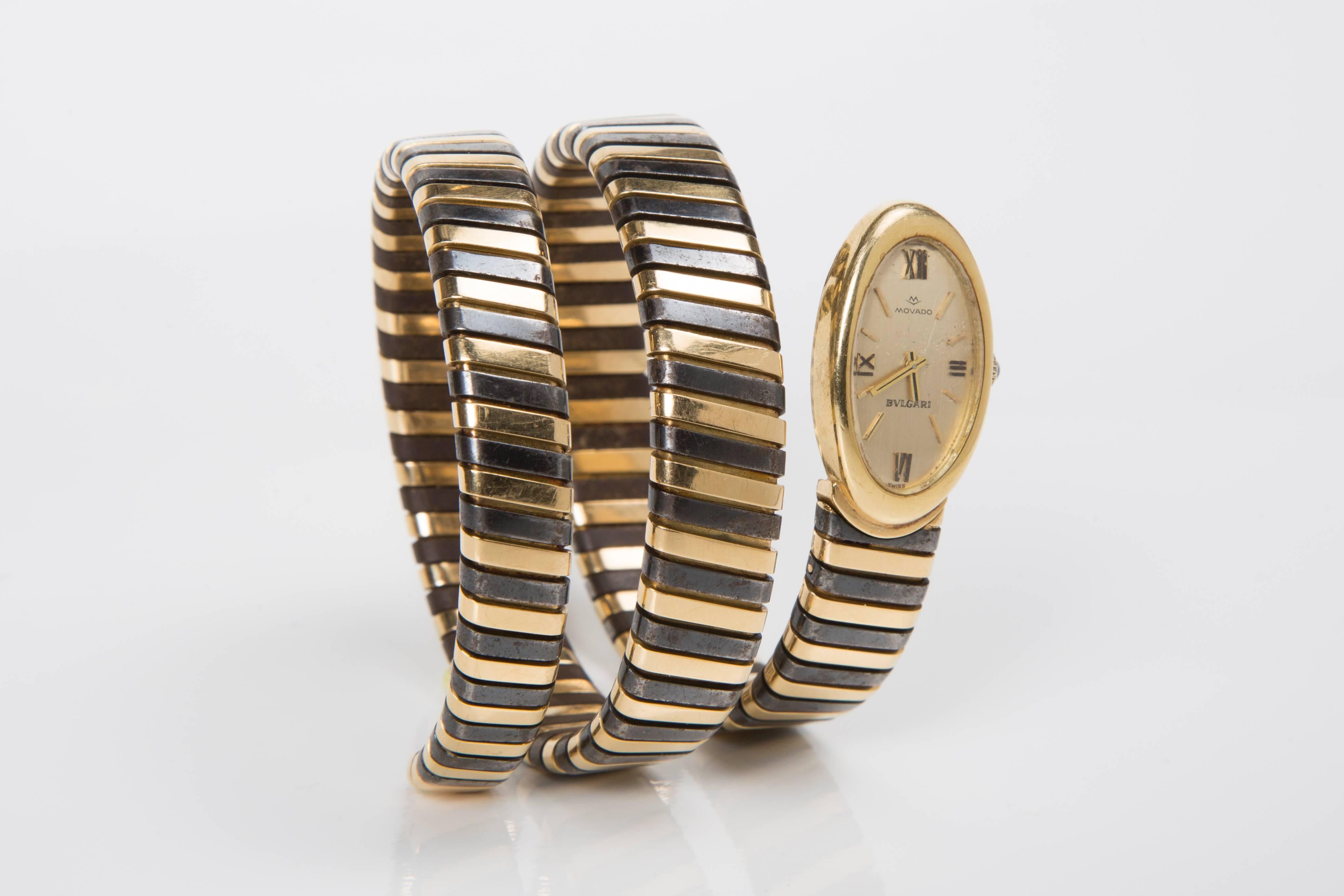 1960s Bulgari Lady's Yellow Gold Stainless Steel Tubogas Serpenti Wristwatch For Sale 3