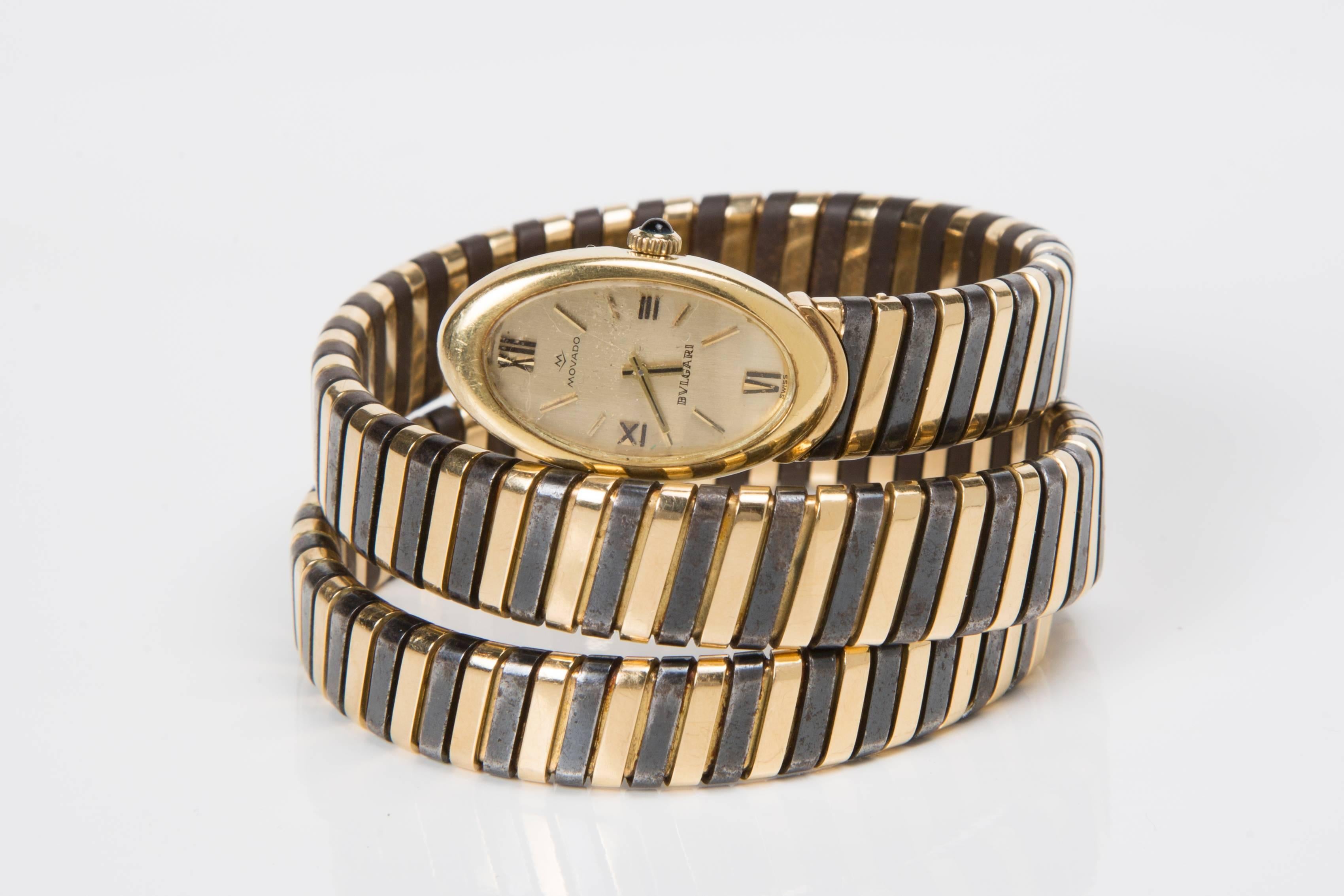 1960s Bulgari Lady's Yellow Gold Stainless Steel Tubogas Serpenti Wristwatch For Sale 2