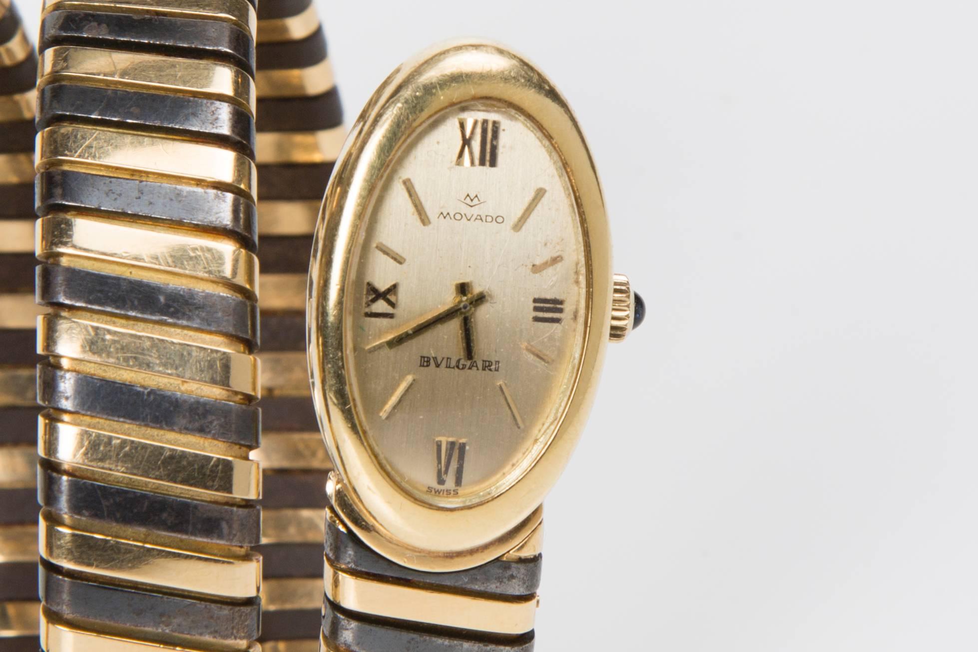 Women's 1960s Bulgari Lady's Yellow Gold Stainless Steel Tubogas Serpenti Wristwatch For Sale