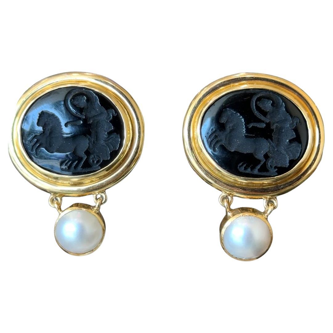 Elizabeth Locke Onyx 
Pearl Goddess with Chariot Intaglio 18K Gold Earrings