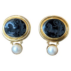 Elizabeth Locke Onyx 
Pearl Goddess with Chariot Intaglio 18K Gold Earrings