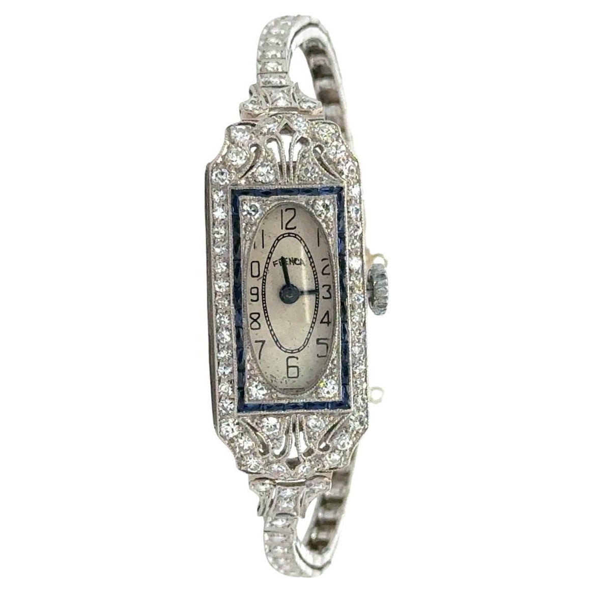 Montre ancienne en platine, diamants et saphirs, Art déco des années 1920