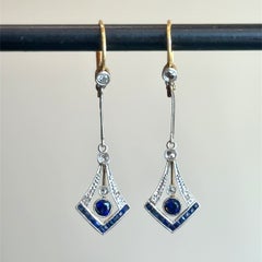 Stunning Antique Art Deco 1920's Diamond & Sapphire Platinum 18K Gold Earrings