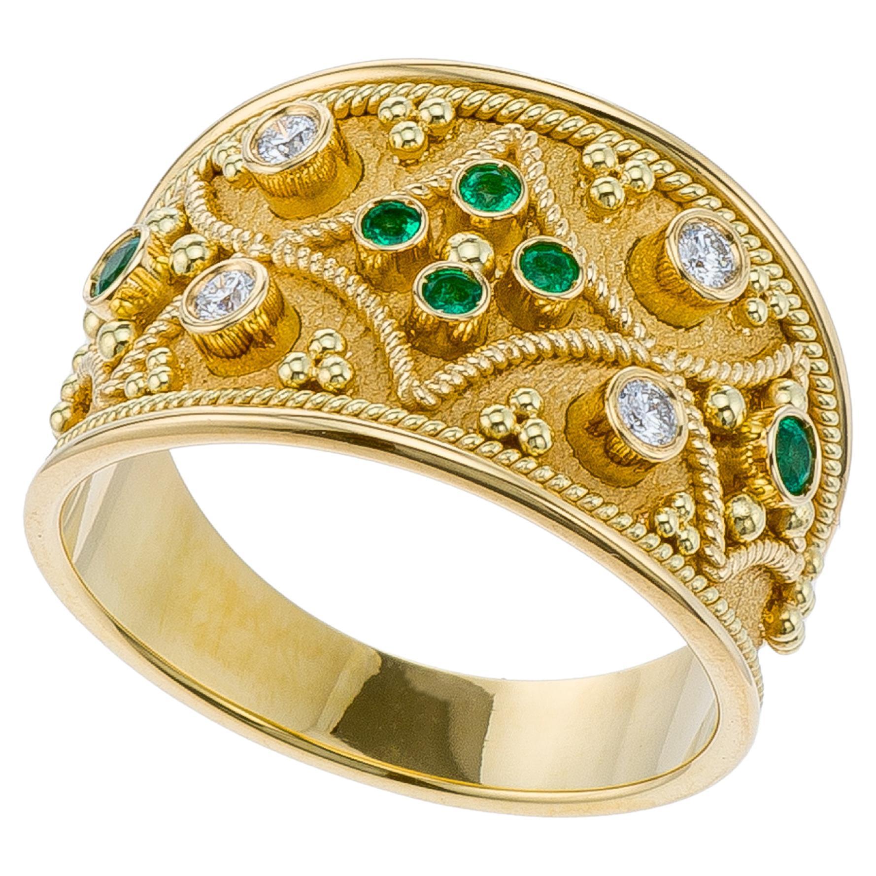 Gold Emerald Byzantine Ring with Diamonds For Sale