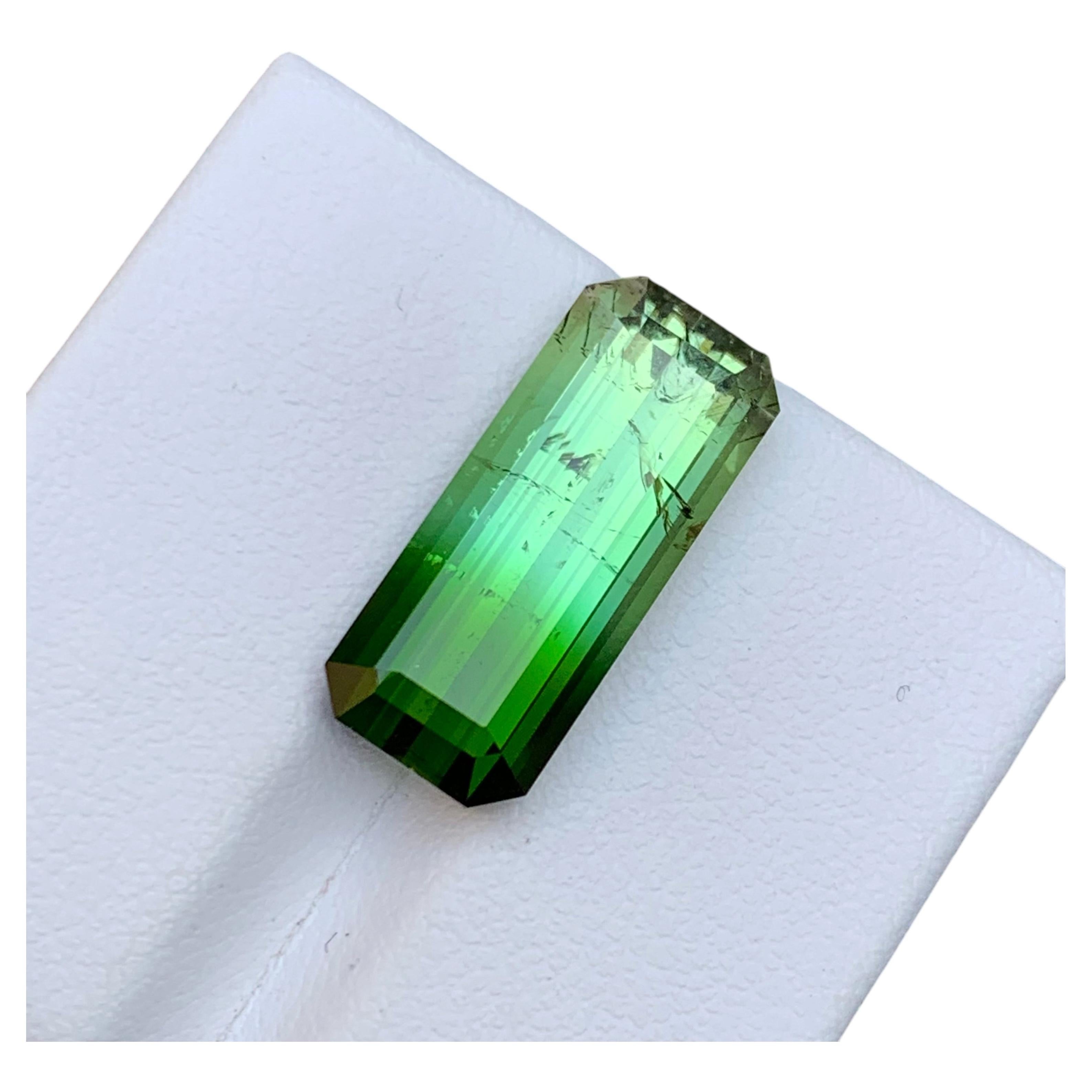 Rare Green Bicolor Natural Tourmaline Gemstone, 9.85 Carat Elongated Emerald Cut