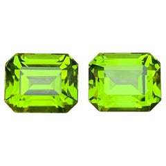 Paire de boucles d'oreilles en pierres précieuses non montées : péridot naturel d'un vert éclatant, taille émeraude, 11,71 carats
