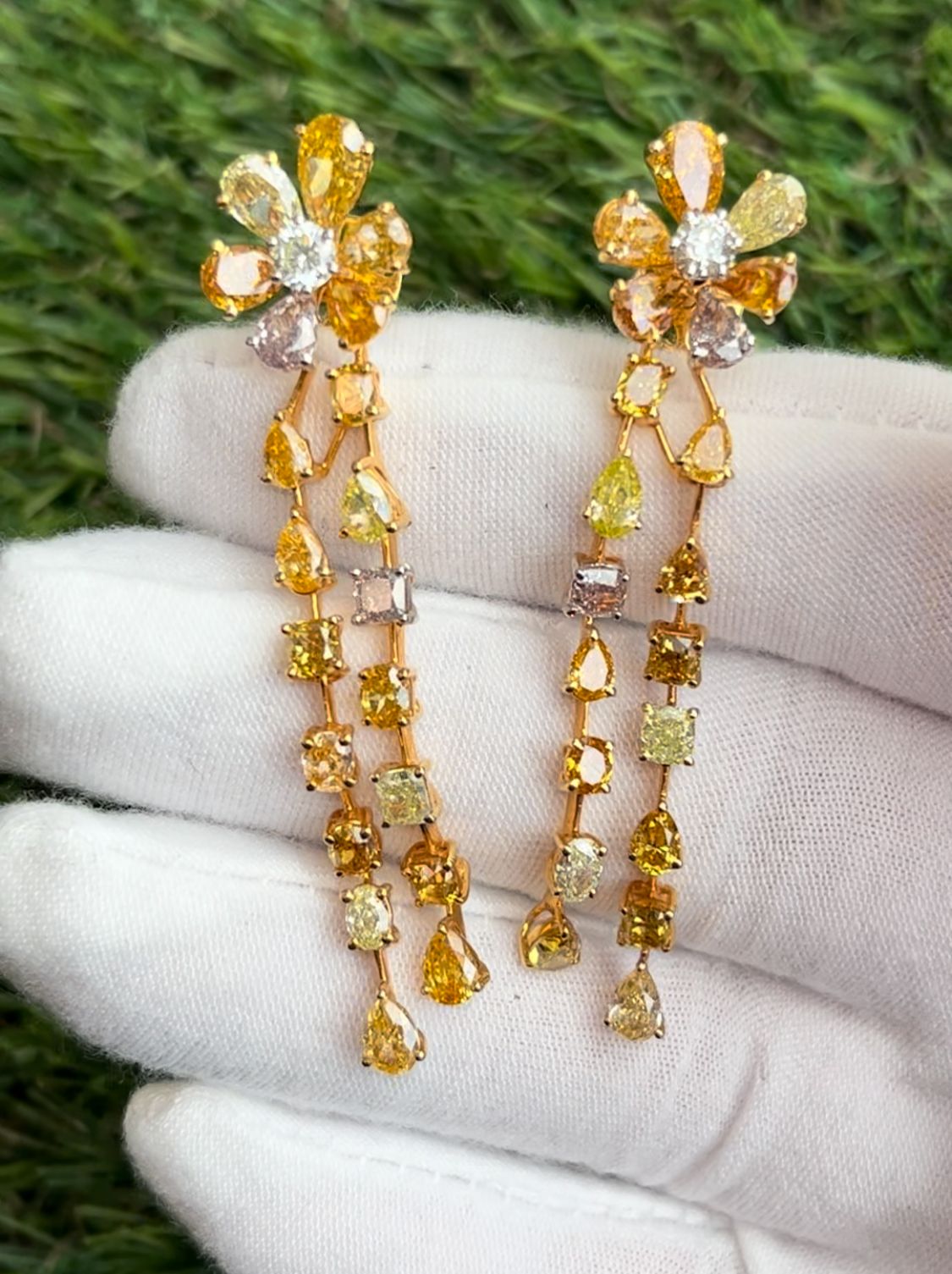 Fancy Color Diamonds Flower Earrings Dangle 14.27 Ct Total (42 pc) 18K Rose Gold For Sale
