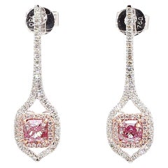 Pink Diamond Radiant Shape Drop Earrings Fancy Brownish Pink GIA 18K White Gold