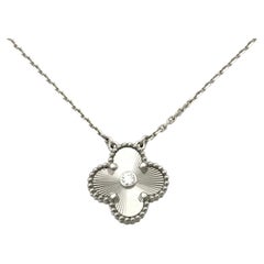 Van Cleef & Arpels Vintage Alhambra Guilloche Diamond 18K White Gold Necklace