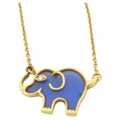 Van Cleef & Arpels Vintage Blue Agate Diamond Elephant 18K Yellow Gold Necklace