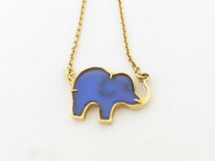 Van Cleef & Arpels Vintage Blue Agate Diamond Elephant 18K Yellow Gold Necklace