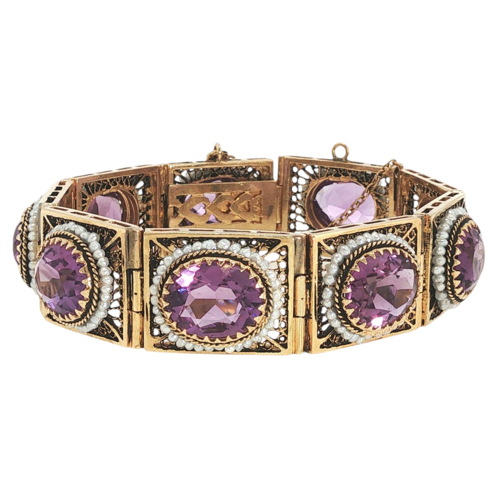 Pulsera de oro de 14 quilates con amatista y perlas pequeñas