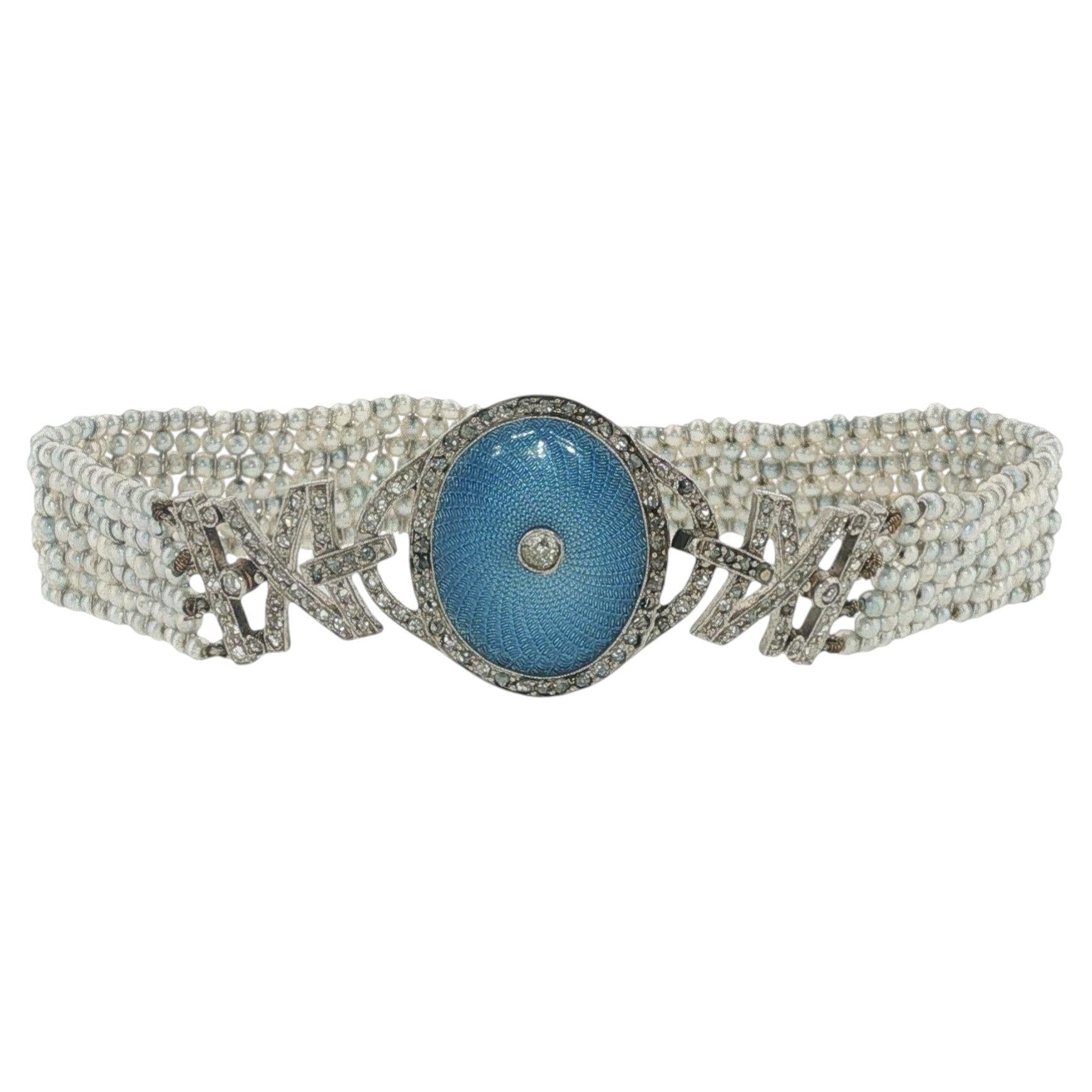 Art Deco Platinum Guilloché Enamel, Diamond & Seed Pearl Bracelet For Sale