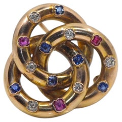 Victorian 14k Gold Ruby, Sapphire and Diamond Trinity Knot Brooch