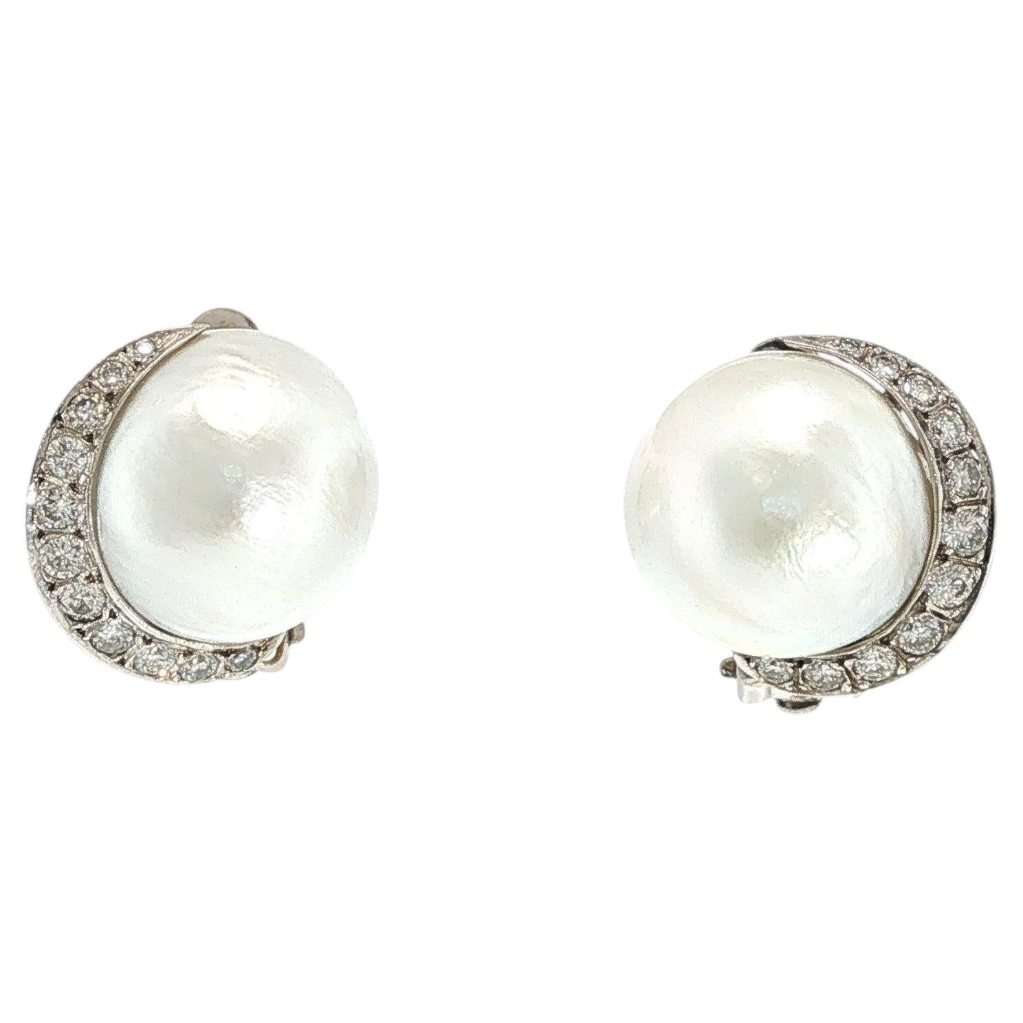 Vintage Seaman Schepps 14K White Gold Pearl and Diamond Earrings For Sale