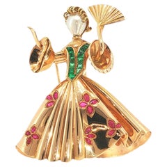 18K Gold Ruby Emerald & Pearl Ballerina Brooch