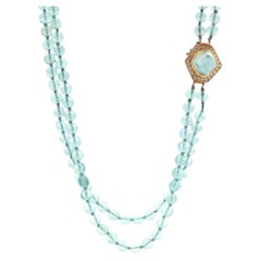 18K Gold Double-Strand Aquamarine Bead, Cabochon Aquamarine & Diamond Necklace