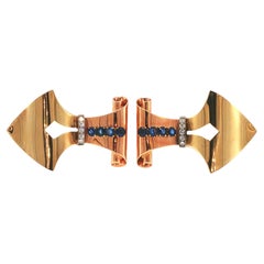 Retro 14K Gold, Sapphire & Diamond Double Clip Brooch