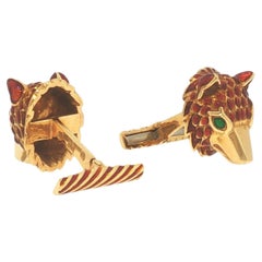David Webb 18K Gold Red Enamel Wolf Head Cufflinks