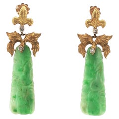 18K Gold Carved Green Jade & Diamond Pendant Earrings
