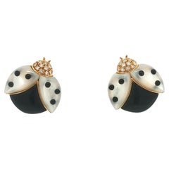 Vintage De Grisgono 18K Mother-of-Pearl Onyx & Diamond Lady Bug Earrings