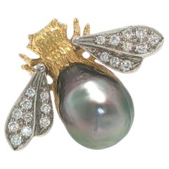 18K Gold, Platinum, Diamond & Tahitian Pearl Winged Insect Brooc