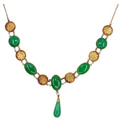 Vintage 14K Gold Jadeite & Chinese Character Medallion Necklace